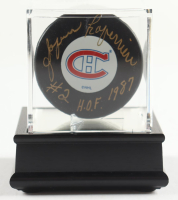 Jacques Laperriere Signed Canadiens Logo Hockey Puck With Display Case Inscribed "HOF 1987" (PSA) at PristineAuction.com
