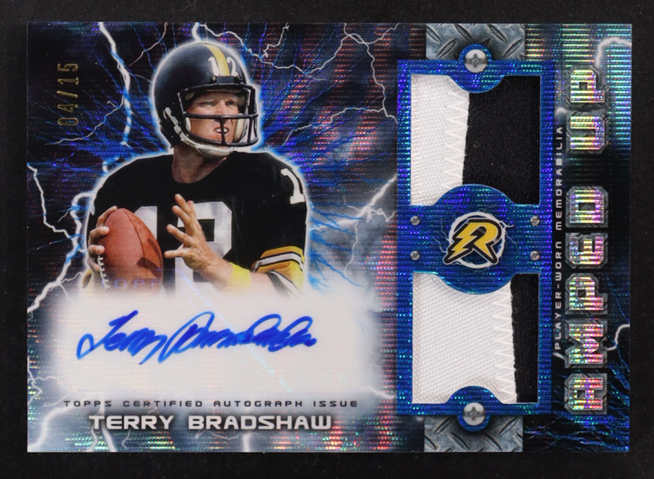 Terry Bradshaw 2023 Topps Composite Resurgence Amped Up Patch Autographs Blue Surge #RAUPATBR #04/15 at PristineAuction.com Terry Bradshaw 2023 Topps Composite Resurgence Amped Up Patch Autographs Blue Surge #RAUPATBR #04/15 at PristineAuction.com