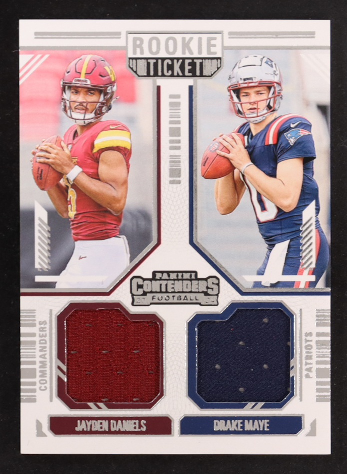 Drake Maye / Jayden Daniels 2024 Panini Contenders Rookie Ticket Dual Swatches #13 RC at PristineAuction.com Drake Maye / Jayden Daniels 2024 Panini Contenders Rookie Ticket Dual Swatches #13 RC at PristineAuction.com