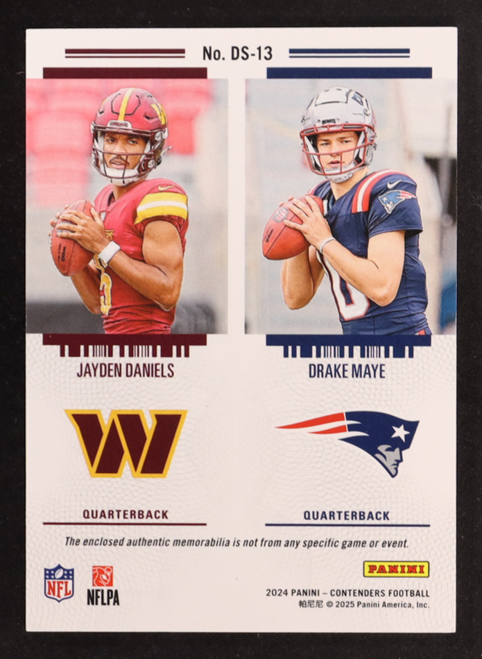 Drake Maye / Jayden Daniels 2024 Panini Contenders Rookie Ticket Dual Swatches #13 RC at PristineAuction.com Drake Maye / Jayden Daniels 2024 Panini Contenders Rookie Ticket Dual Swatches #13 RC at PristineAuction.com