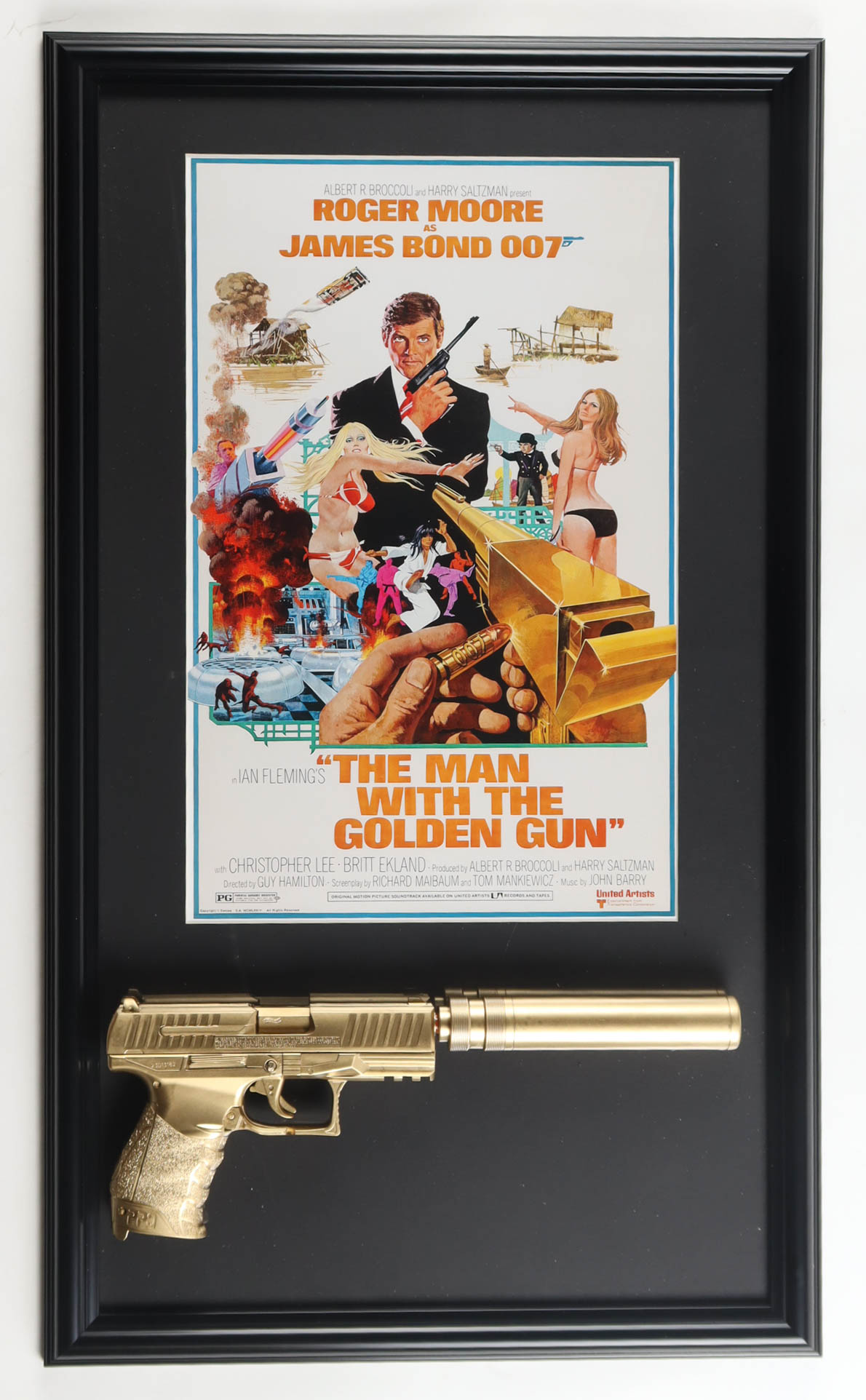 1974 "The Man with the Golden Gun" Custom Framed Poster Display with Prop Pistol at PristineAuction.com 1974 "The Man with the Golden Gun" Custom Framed Poster Display with Prop Pistol at PristineAuction.com