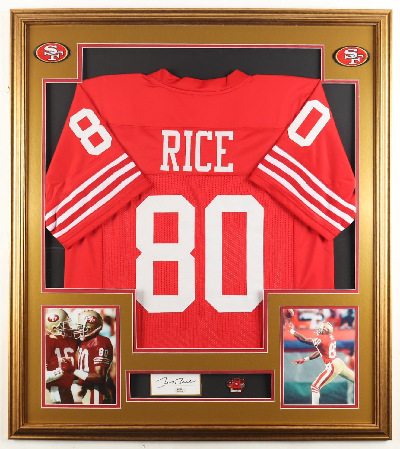 Jerry Rice Signed Custom Framed Cut Display with Jersey & 5x Champion Pin (PSA) at PristineAuction.com Jerry Rice Signed Custom Framed Cut Display with Jersey & 5x Champion Pin (PSA) at PristineAuction.com