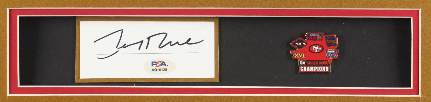 Jerry Rice Signed Custom Framed Cut Display with Jersey & 5x Champion Pin (PSA) at PristineAuction.com Jerry Rice Signed Custom Framed Cut Display with Jersey & 5x Champion Pin (PSA) at PristineAuction.com