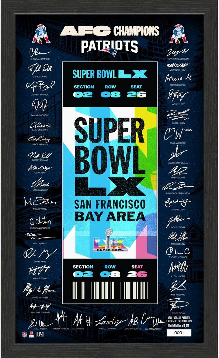Patriots LE Signature Ticket Super Bowl LX Custom Framed Photo at PristineAuction.com Patriots LE Signature Ticket Super Bowl LX Custom Framed Photo at PristineAuction.com