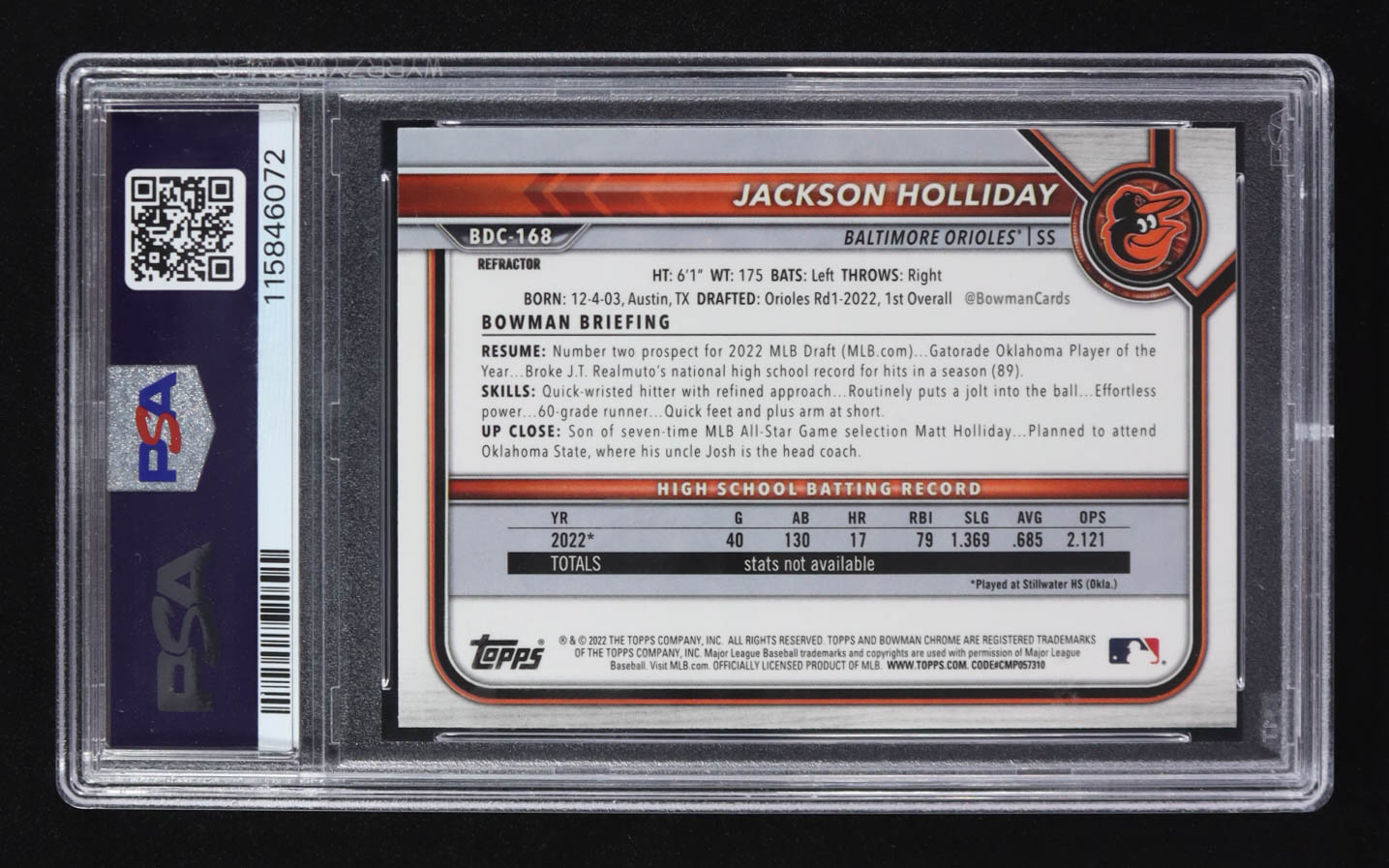 Jackson Holliday 2022 Bowman Chrome Draft Refractors #BDC168 RC (PSA 10) at PristineAuction.com Jackson Holliday 2022 Bowman Chrome Draft Refractors #BDC168 RC (PSA 10) at PristineAuction.com