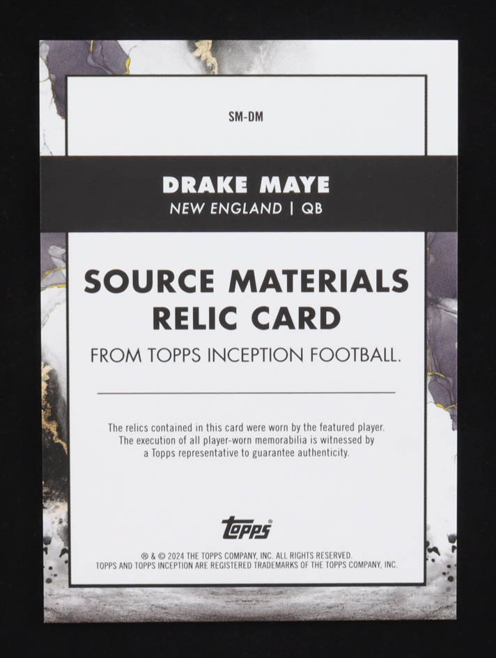 Drake Maye 2024 Topps Inception Source Materials #SMDM #092/150 RC at PristineAuction.com Drake Maye 2024 Topps Inception Source Materials #SMDM #092/150 RC at PristineAuction.com