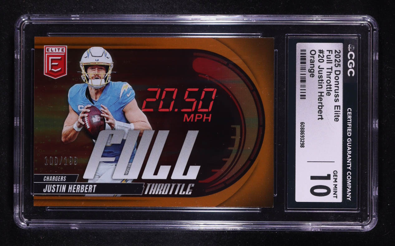 Justin Herbert 2025 Elite Full Throttle Orange #20 #100/199 (CGC 10) at PristineAuction.com Justin Herbert 2025 Elite Full Throttle Orange #20 #100/199 (CGC 10) at PristineAuction.com