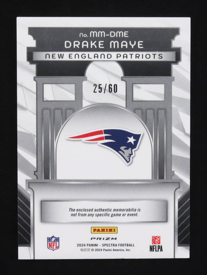 Drake Maye 2024 Panini Spectra Monumental Memorabilia Hyper #9 #25/60 RC at PristineAuction.com Drake Maye 2024 Panini Spectra Monumental Memorabilia Hyper #9 #25/60 RC at PristineAuction.com
