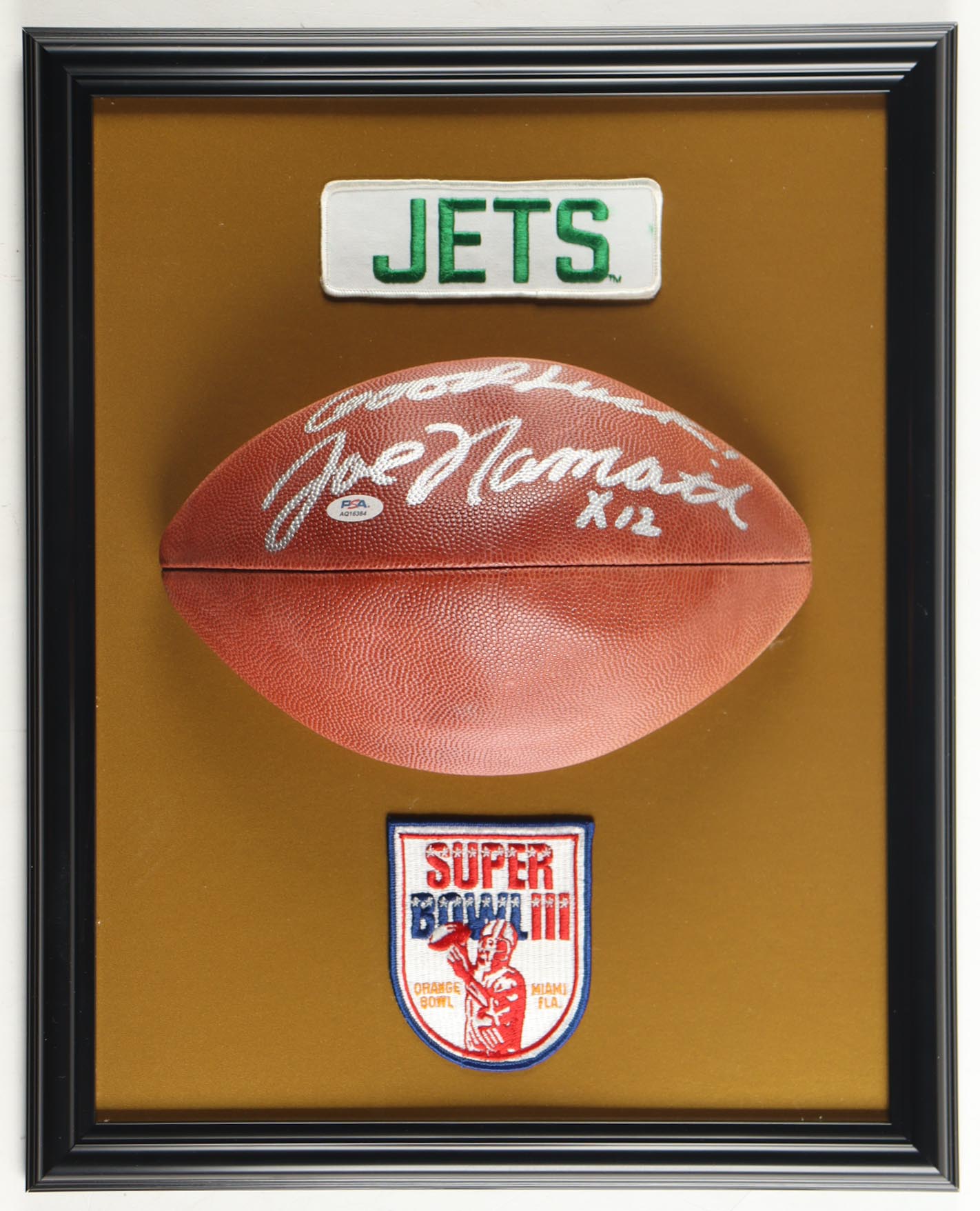 Joe Namath Signed Custom Framed Football Display with Jets & Super Bowl Jersey Patches Inscribed "Good Luck!" (PSA) at PristineAuction.com Joe Namath Signed Custom Framed Football Display with Jets & Super Bowl Jersey Patches Inscribed "Good Luck!" (PSA) at PristineAuction.com