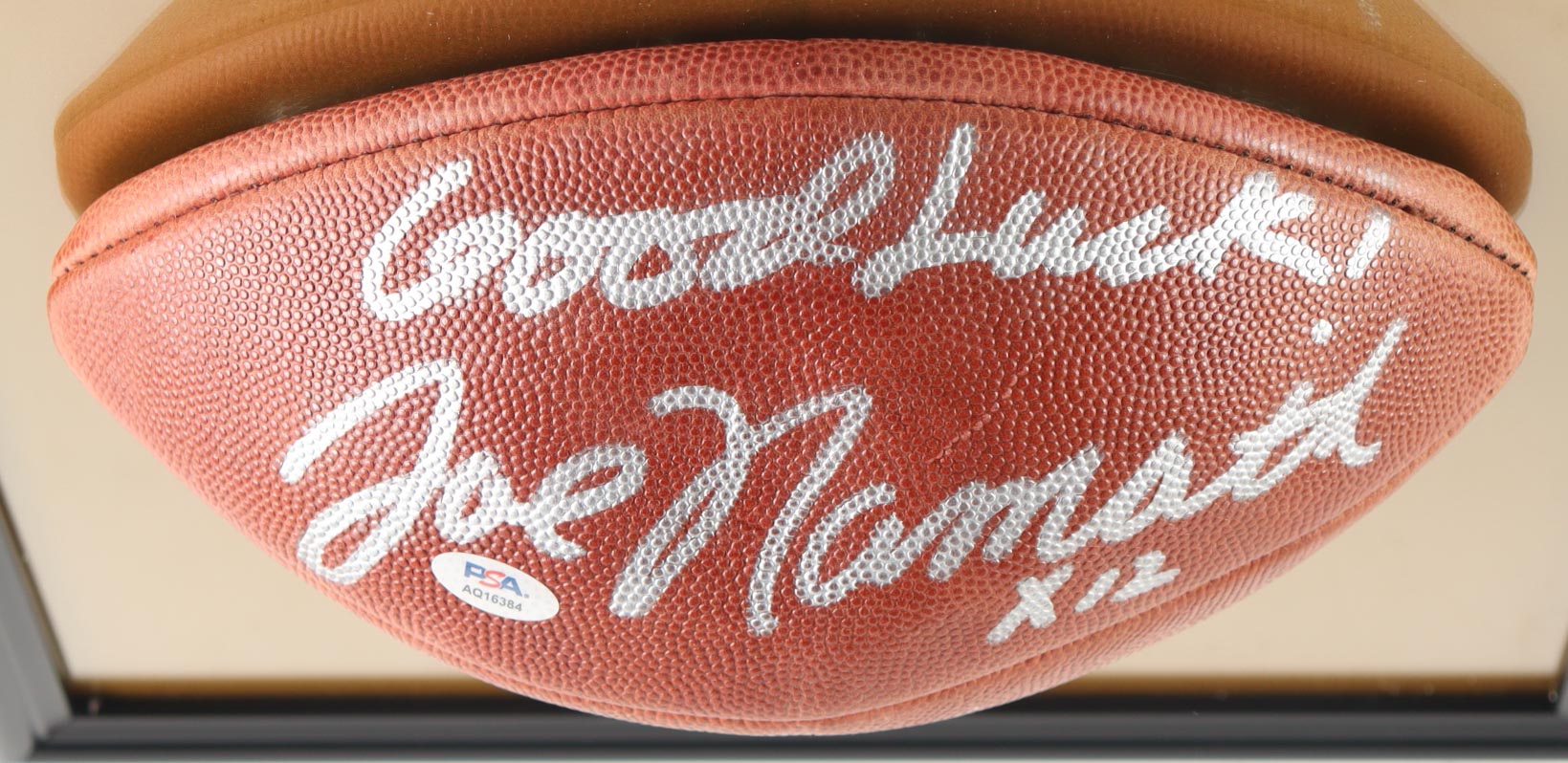 Joe Namath Signed Custom Framed Football Display with Jets & Super Bowl Jersey Patches Inscribed "Good Luck!" (PSA) at PristineAuction.com Joe Namath Signed Custom Framed Football Display with Jets & Super Bowl Jersey Patches Inscribed "Good Luck!" (PSA) at PristineAuction.com