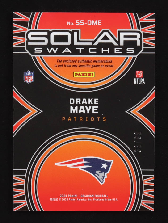Drake Maye 2024 Panini Obsidian Solar Swatches Silver #3 #33/99 RC at PristineAuction.com Drake Maye 2024 Panini Obsidian Solar Swatches Silver #3 #33/99 RC at PristineAuction.com