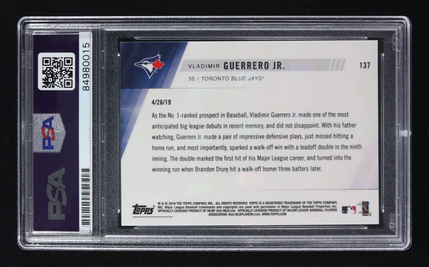 Vladimir Guerrero Jr. Signed 2019 Topps Now #137 RC (PSA) at PristineAuction.com Vladimir Guerrero Jr. Signed 2019 Topps Now #137 RC (PSA) at PristineAuction.com