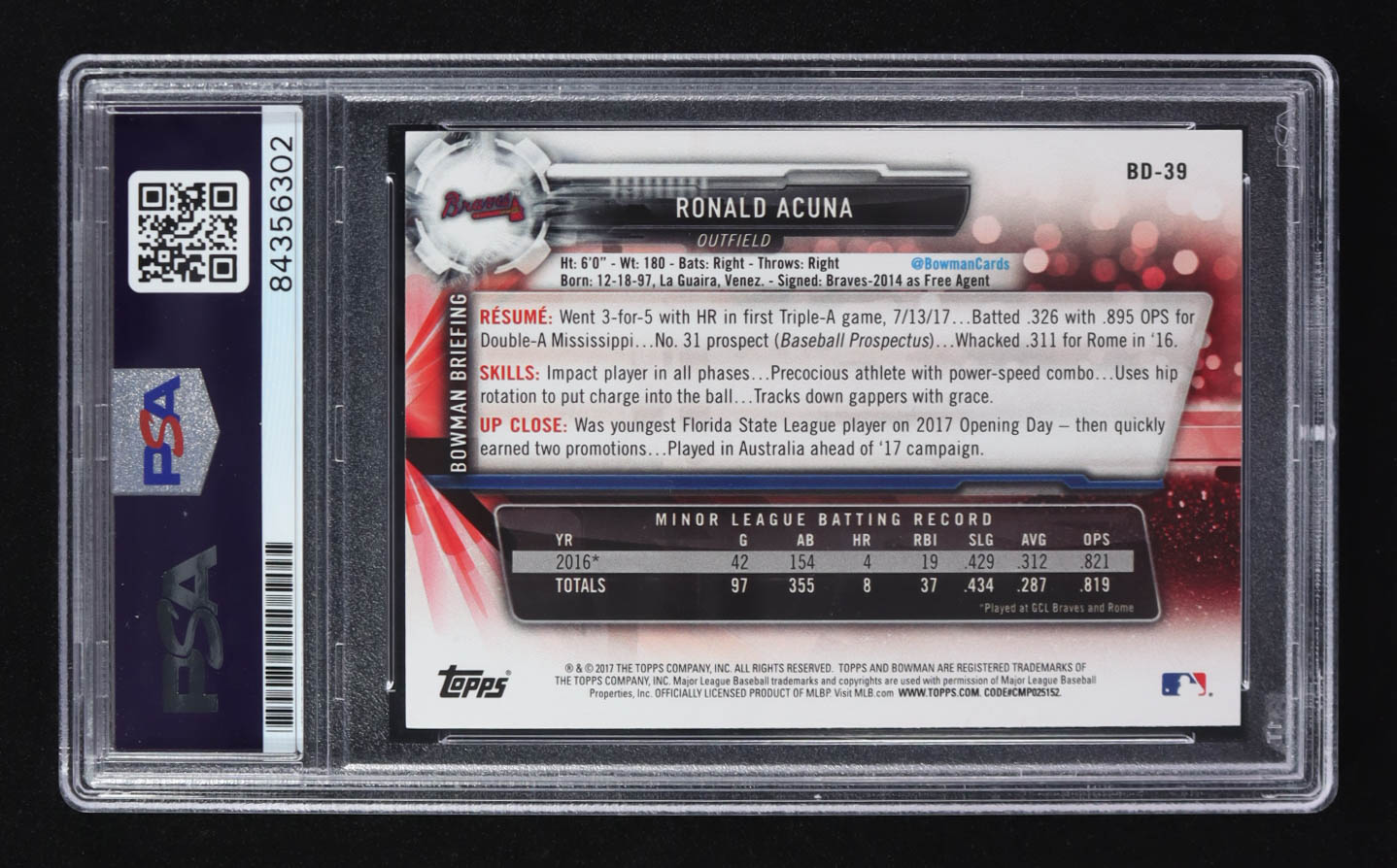 Ronald Acuna Jr. Signed 2017 Bowman Draft #BD-39 RC (PSA) at PristineAuction.com Ronald Acuna Jr. Signed 2017 Bowman Draft #BD-39 RC (PSA) at PristineAuction.com