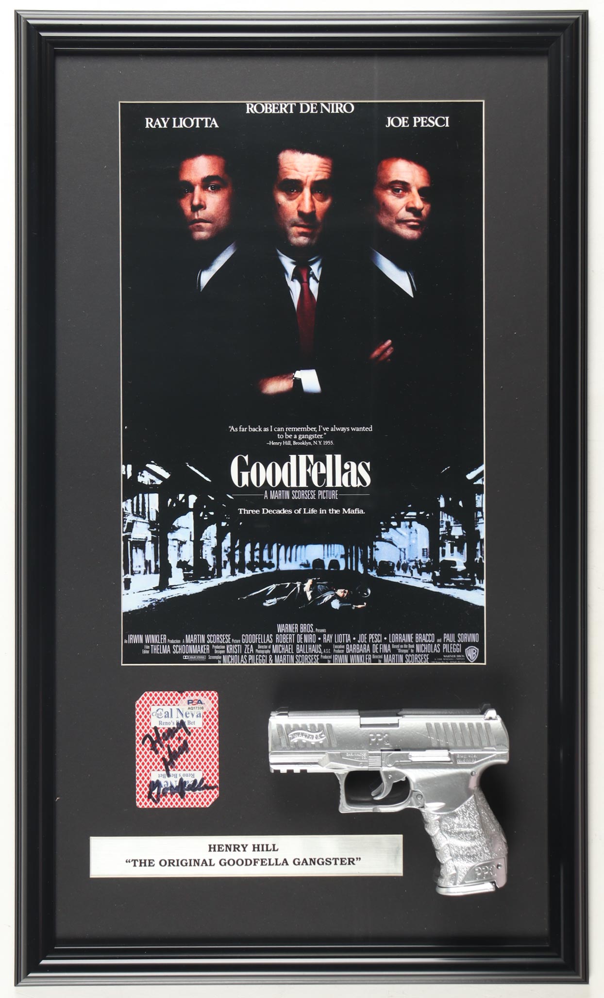 Henry Hill Signed "Goodfellas" Custom Framed Playing Card Display with Poster Print & Replica Prop Pistol (PSA) at PristineAuction.com Henry Hill Signed "Goodfellas" Custom Framed Playing Card Display with Poster Print & Replica Prop Pistol (PSA) at PristineAuction.com