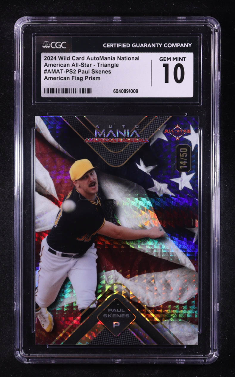 Paul Skenes 2024 Wild Card Auto Mania American Flag Lava #AMATPS2 #14/50 RC (CGC 10) at PristineAuction.com Paul Skenes 2024 Wild Card Auto Mania American Flag Lava #AMATPS2 #14/50 RC (CGC 10) at PristineAuction.com
