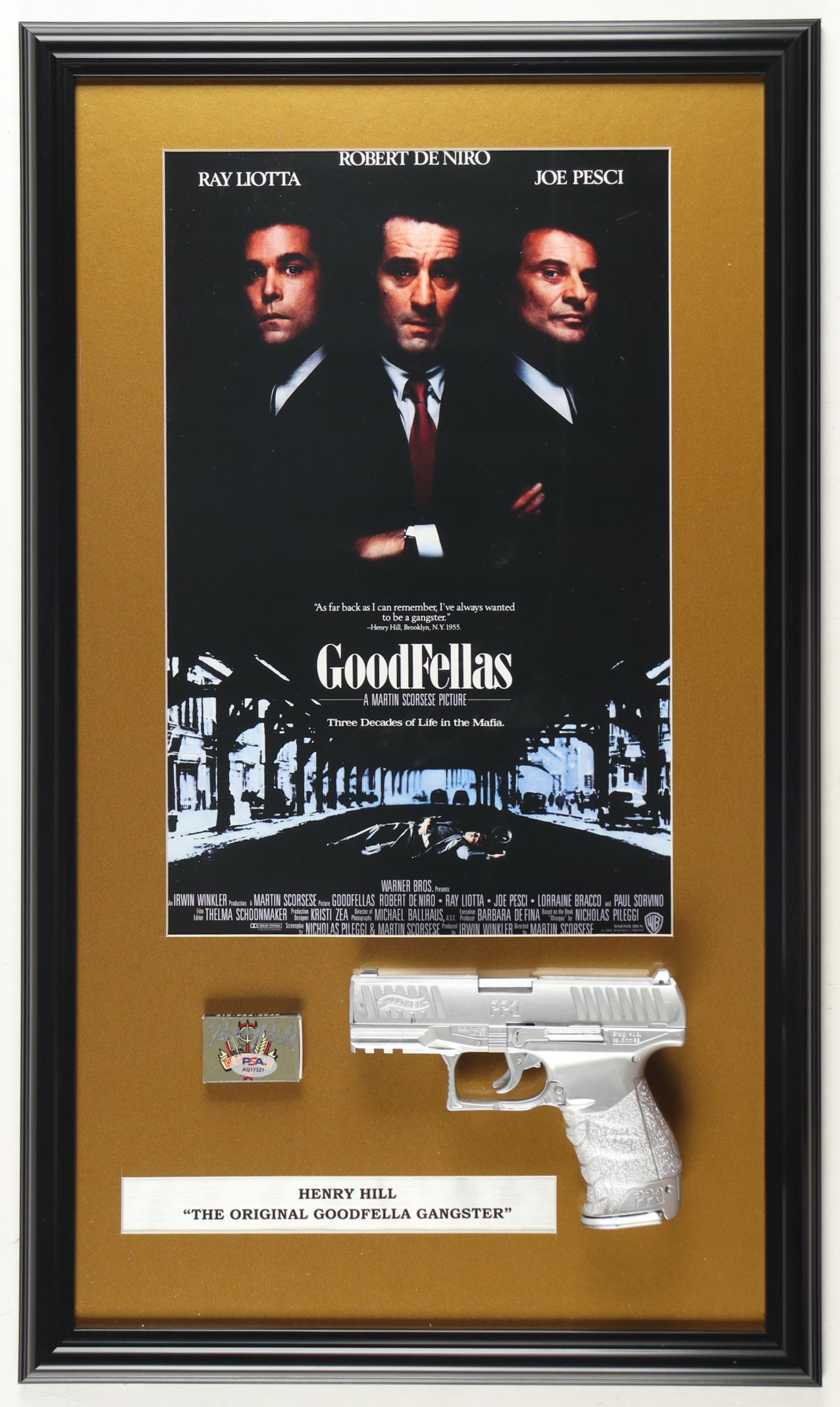 Henry Hill Signed "Goodfellas" Custom Framed Matchbook Display with Poster Print & Replica Prop Pistol (PSA) at PristineAuction.com Henry Hill Signed "Goodfellas" Custom Framed Matchbook Display with Poster Print & Replica Prop Pistol (PSA) at PristineAuction.com