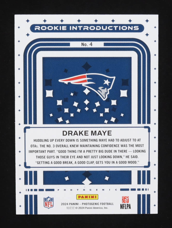 Drake Maye 2024 Panini PhotoGenic Rookie Introductions Silver #4 #001/150 RC at PristineAuction.com Drake Maye 2024 Panini PhotoGenic Rookie Introductions Silver #4 #001/150 RC at PristineAuction.com