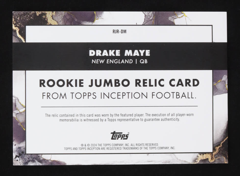 Drake Maye 2024 Topps Inception Rookie Jumbo Relics Orange #RJRDM #20/50 RC at PristineAuction.com Drake Maye 2024 Topps Inception Rookie Jumbo Relics Orange #RJRDM #20/50 RC at PristineAuction.com