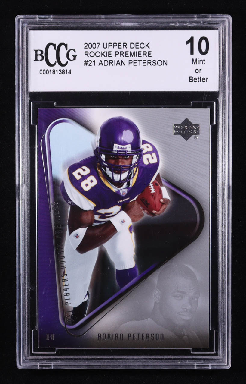 Adrian Peterson 2007 Upper Deck Rookie Premiere #21 RC (BCCG 10) at PristineAuction.com Adrian Peterson 2007 Upper Deck Rookie Premiere #21 RC (BCCG 10) at PristineAuction.com
