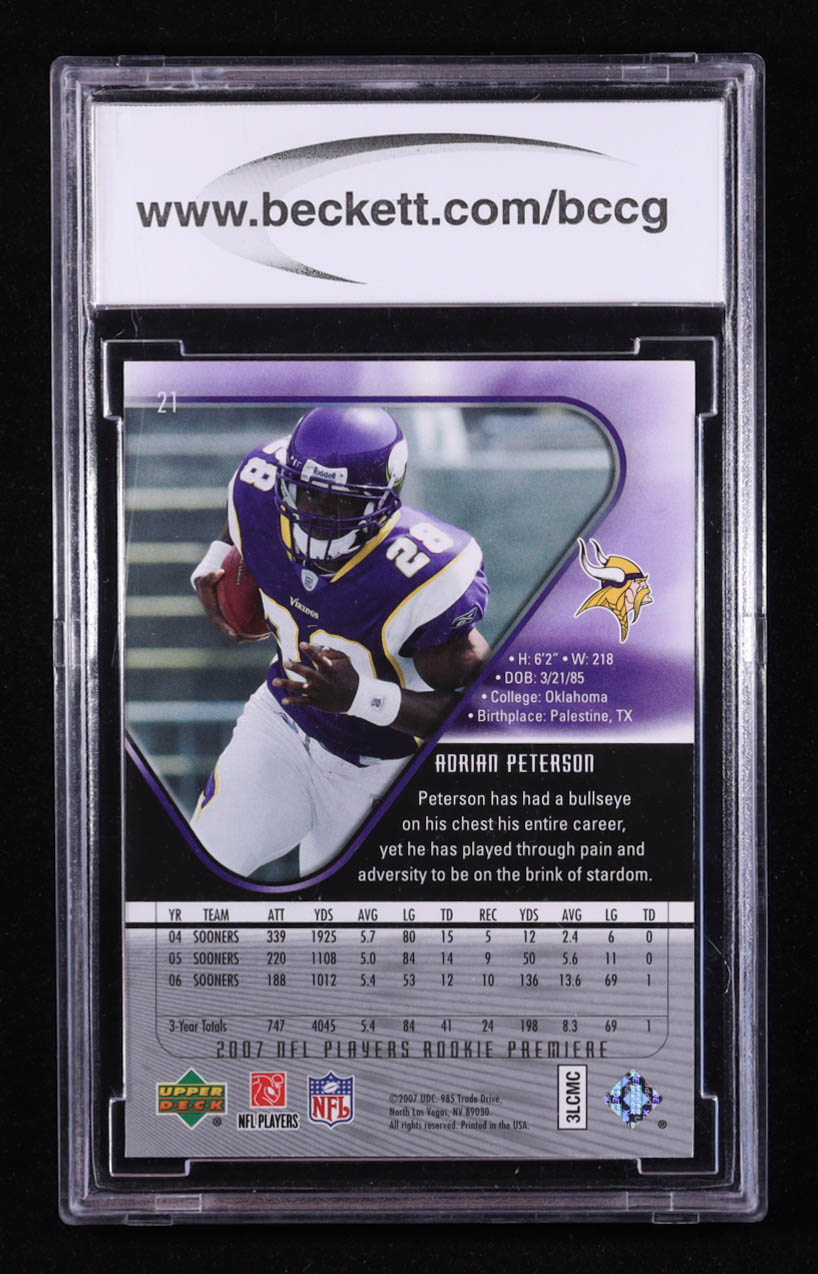 Adrian Peterson 2007 Upper Deck Rookie Premiere #21 RC (BCCG 10) at PristineAuction.com Adrian Peterson 2007 Upper Deck Rookie Premiere #21 RC (BCCG 10) at PristineAuction.com