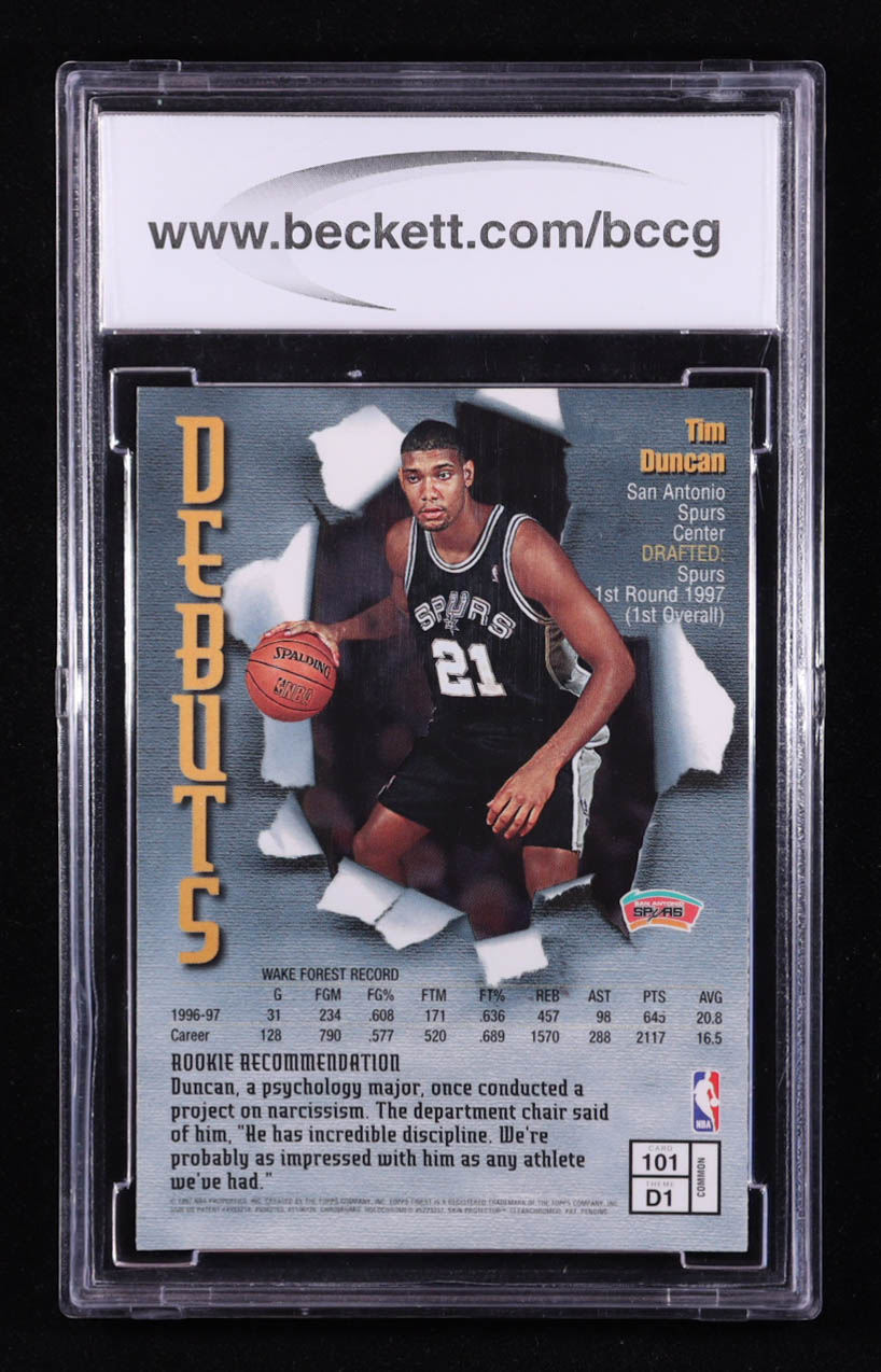 Tim Duncan 1997-98 Topps Finest Debuts #101 RC (BCCG 10) at PristineAuction.com Tim Duncan 1997-98 Topps Finest Debuts #101 RC (BCCG 10) at PristineAuction.com