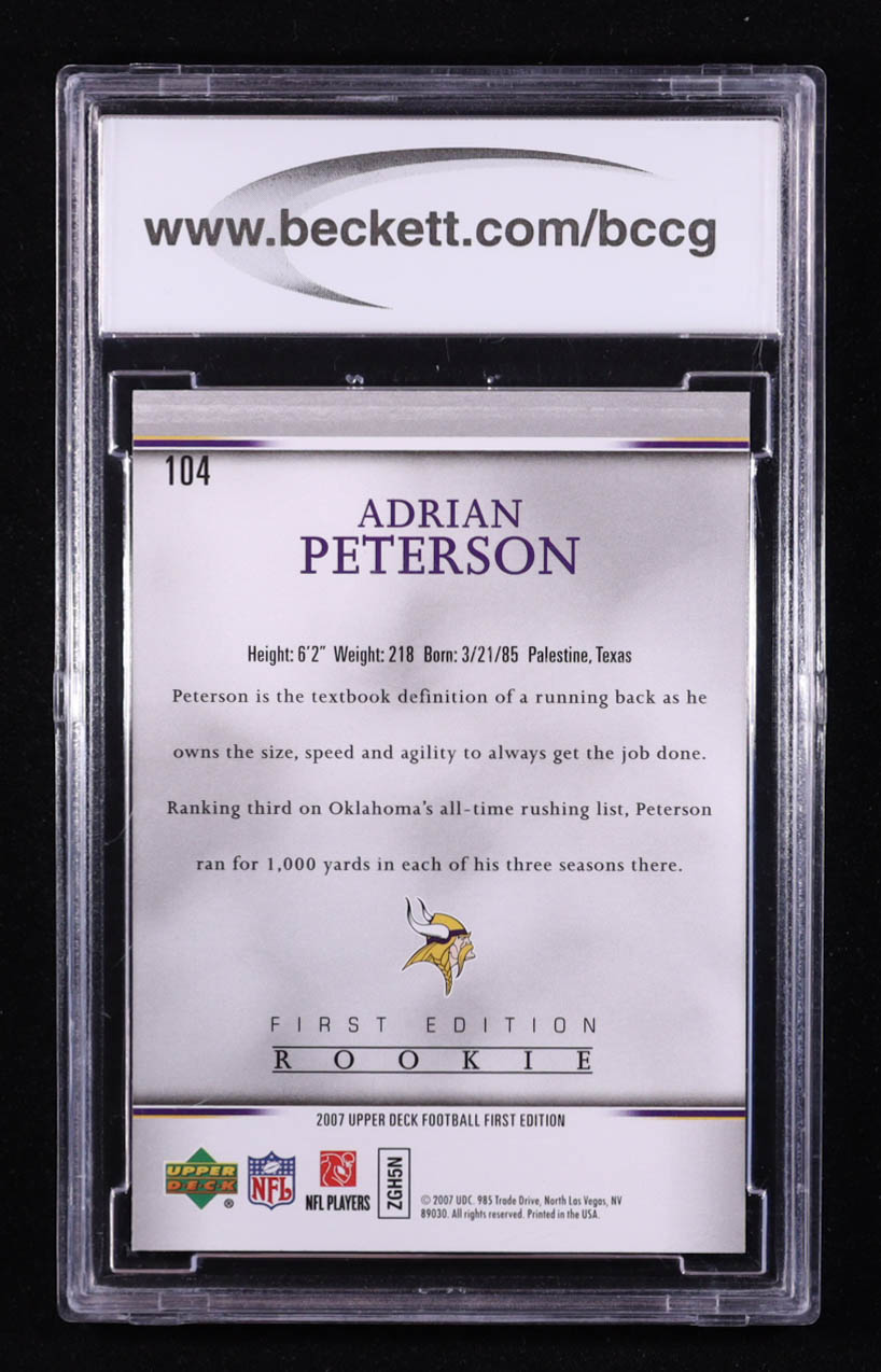 Adrian Peterson 2007 Upper Deck First Edition #104 RC (BCCG 10) at PristineAuction.com Adrian Peterson 2007 Upper Deck First Edition #104 RC (BCCG 10) at PristineAuction.com