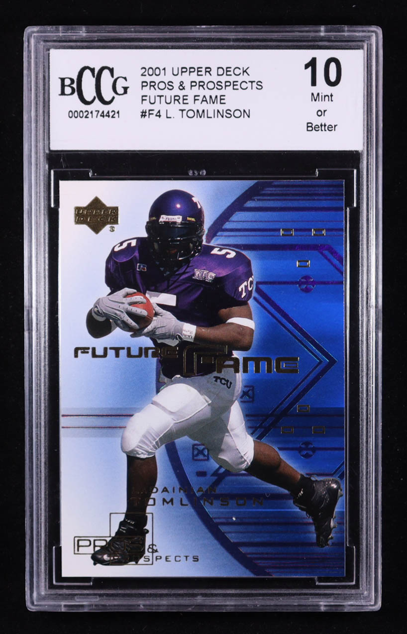 Ladainian Tomlinson 2001 Upper Deck Pros & Prospects Future Fame #F-4 RC (BCCG 10) at PristineAuction.com Ladainian Tomlinson 2001 Upper Deck Pros & Prospects Future Fame #F-4 RC (BCCG 10) at PristineAuction.com