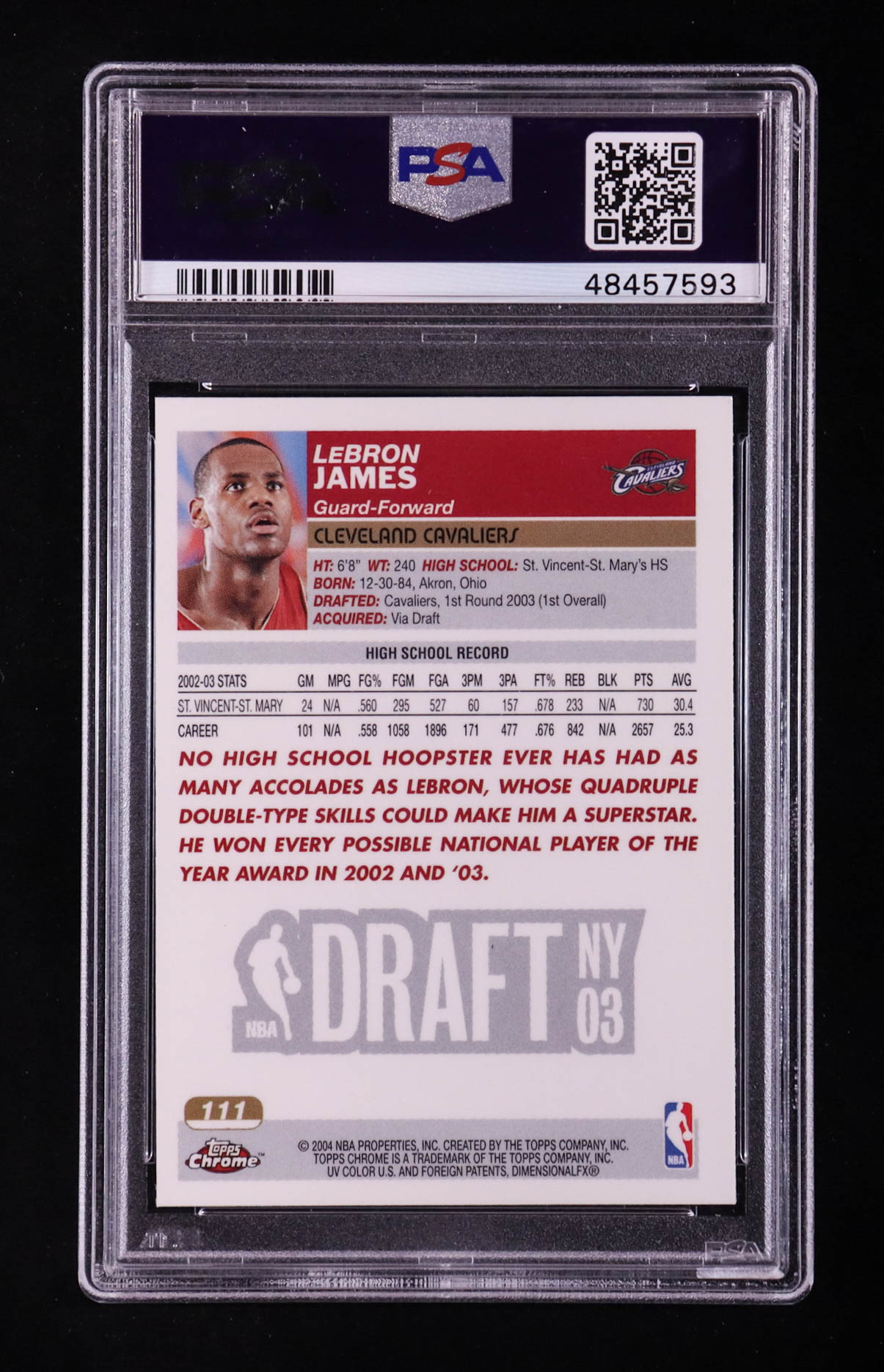 LeBron James 2003-04 Topps Chrome #111 RC (PSA 9) at PristineAuction.com LeBron James 2003-04 Topps Chrome #111 RC (PSA 9) at PristineAuction.com