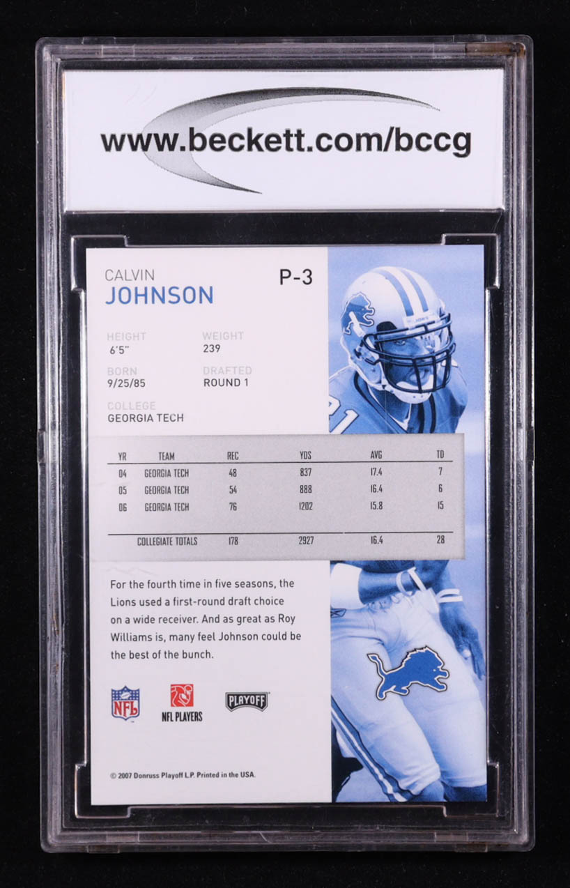 Calvin Johnson 2007 Donruss NFL Playoffs Preview #P-3 RC (BCCG 10) at PristineAuction.com Calvin Johnson 2007 Donruss NFL Playoffs Preview #P-3 RC (BCCG 10) at PristineAuction.com