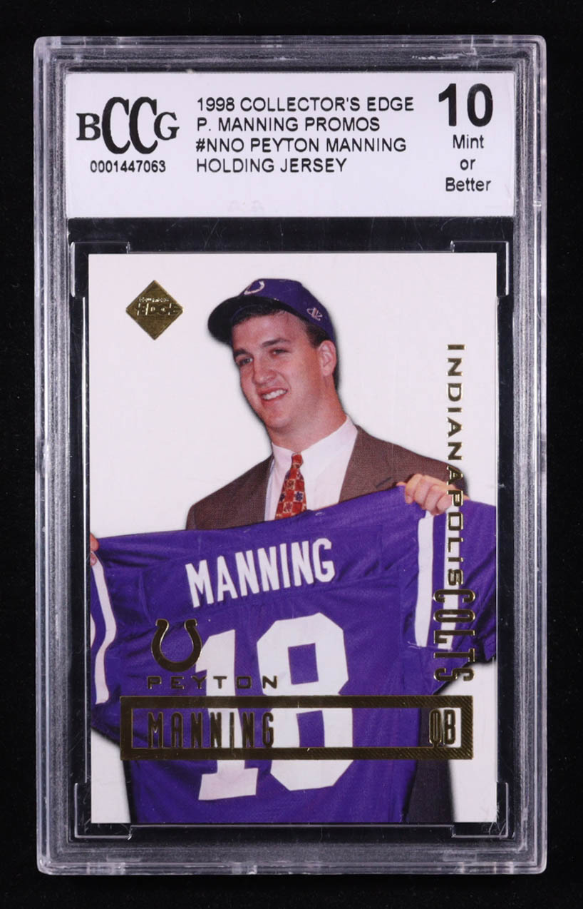 Peyton Manning 1998 Collector's Edge Promos Holding Jersey #NNO RC (BCCG 10) at PristineAuction.com Peyton Manning 1998 Collector's Edge Promos Holding Jersey #NNO RC (BCCG 10) at PristineAuction.com