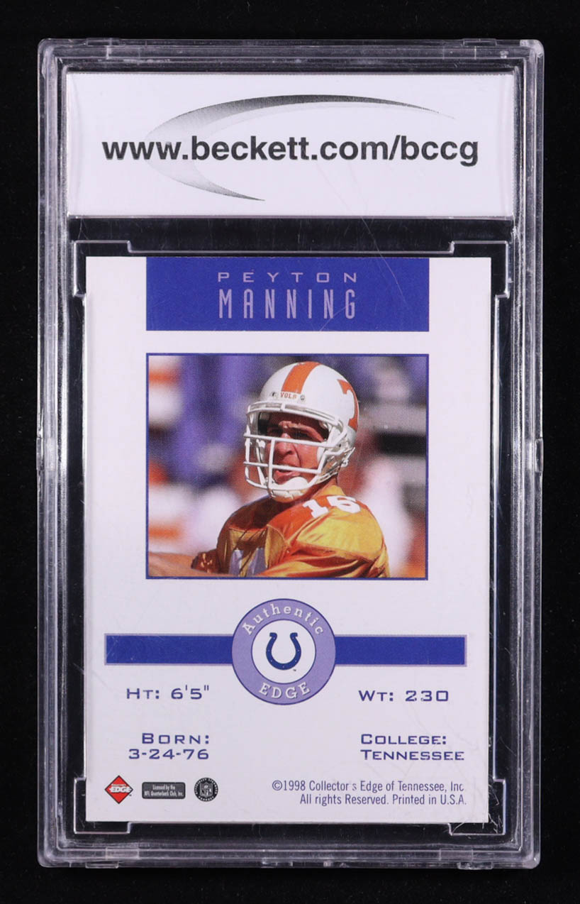 Peyton Manning 1998 Collector's Edge Promos Holding Jersey #NNO RC (BCCG 10) at PristineAuction.com Peyton Manning 1998 Collector's Edge Promos Holding Jersey #NNO RC (BCCG 10) at PristineAuction.com
