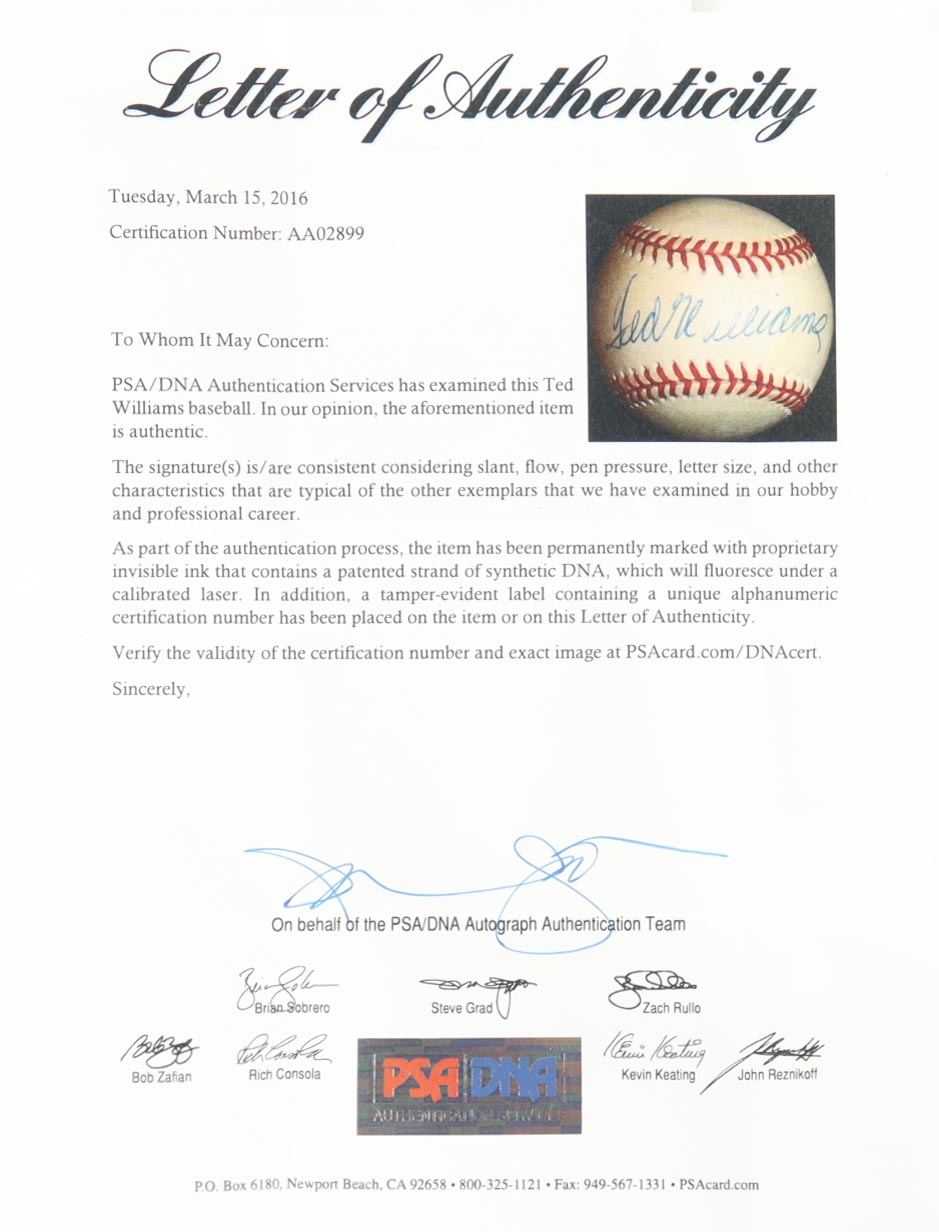 Ted Williams Signed OAL Baseball With Display Case (PSA) at PristineAuction.com Ted Williams Signed OAL Baseball With Display Case (PSA) at PristineAuction.com