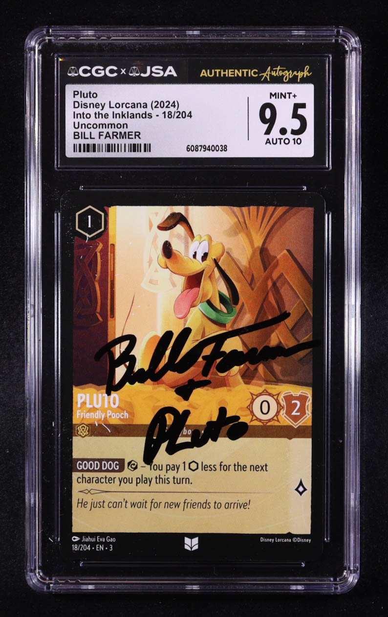 Bill Farmer Signed 2024 Disney Lorcana TCG Into The Inklands #18 Inscribed "Pluto" (CGC 9.5 | Auto 10) at PristineAuction.com Bill Farmer Signed 2024 Disney Lorcana TCG Into The Inklands #18 Inscribed "Pluto" (CGC 9.5 | Auto 10) at PristineAuction.com