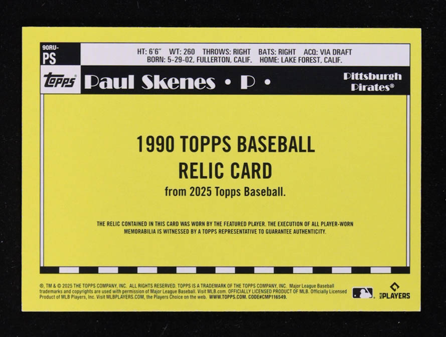 Paul Skenes 2025 Topps Update '90 Topps Relics #90RUPS at PristineAuction.com Paul Skenes 2025 Topps Update '90 Topps Relics #90RUPS at PristineAuction.com