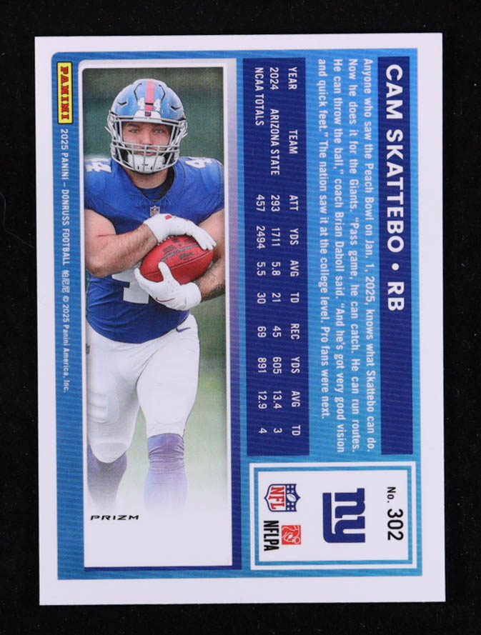 Cam Skattebo 2025 Donruss Optic Rated Rookies Preview Red Pandora #302 RC at PristineAuction.com Cam Skattebo 2025 Donruss Optic Rated Rookies Preview Red Pandora #302 RC at PristineAuction.com