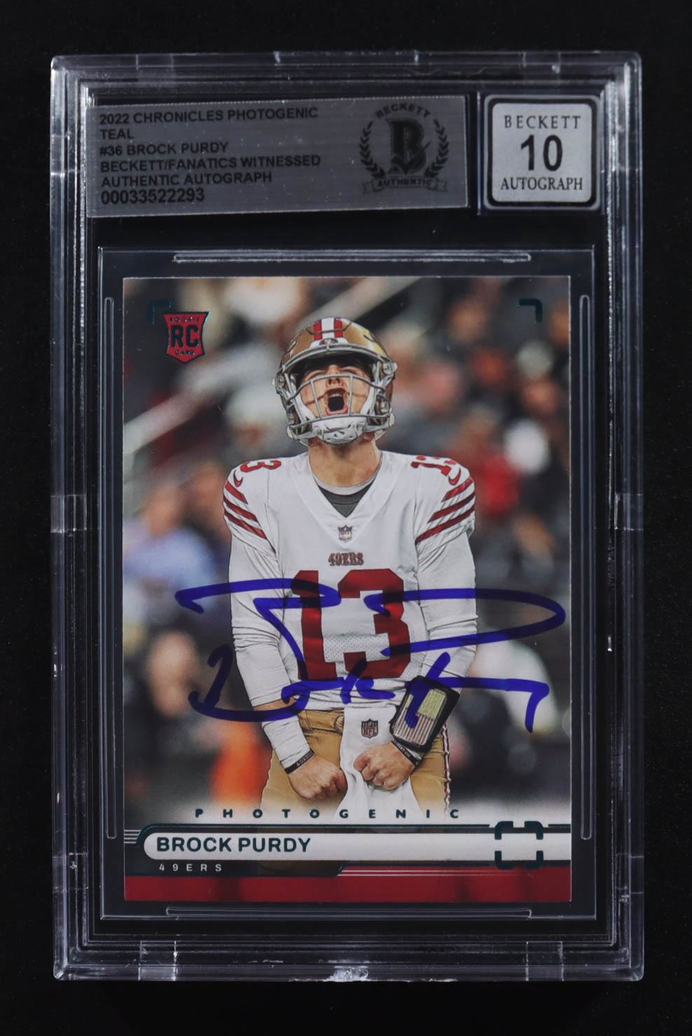 Brock Purdy Signed 2022 Panini Chronicles Photogenic Teal #36 RC (Beckett | Auto Grade BGS 10) at PristineAuction.com Brock Purdy Signed 2022 Panini Chronicles Photogenic Teal #36 RC (Beckett | Auto Grade BGS 10) at PristineAuction.com