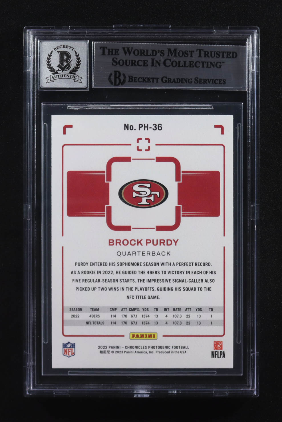 Brock Purdy Signed 2022 Panini Chronicles Photogenic Teal #36 RC (Beckett | Auto Grade BGS 10) at PristineAuction.com Brock Purdy Signed 2022 Panini Chronicles Photogenic Teal #36 RC (Beckett | Auto Grade BGS 10) at PristineAuction.com
