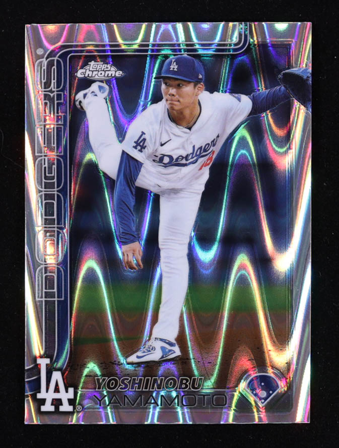 Yoshinobu Yamamoto 2025 Topps Chrome RayWave Refractors #179 at PristineAuction.com Yoshinobu Yamamoto 2025 Topps Chrome RayWave Refractors #179 at PristineAuction.com