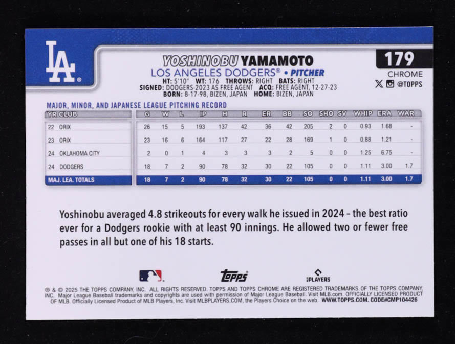 Yoshinobu Yamamoto 2025 Topps Chrome RayWave Refractors #179 at PristineAuction.com Yoshinobu Yamamoto 2025 Topps Chrome RayWave Refractors #179 at PristineAuction.com