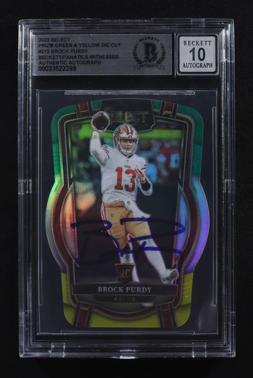 Brock Purdy Signed 2022 Select Prizm Green and Yellow Die Cut #213 RC (Beckett | Auto Grade BGS 10) at PristineAuction.com Brock Purdy Signed 2022 Select Prizm Green and Yellow Die Cut #213 RC (Beckett | Auto Grade BGS 10) at PristineAuction.com
