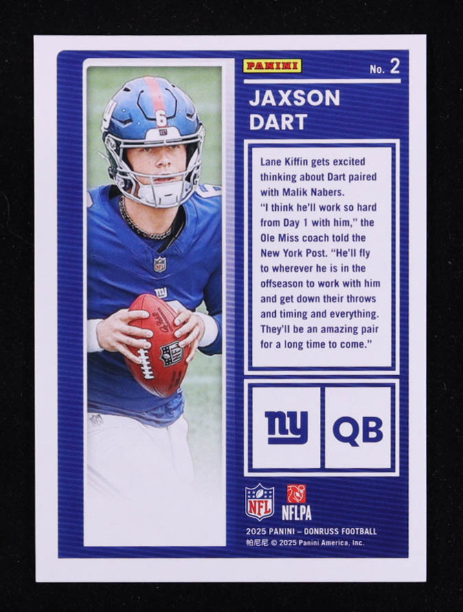 Jaxson Dart 2025 Donruss The Rookies #2 RC at PristineAuction.com Jaxson Dart 2025 Donruss The Rookies #2 RC at PristineAuction.com