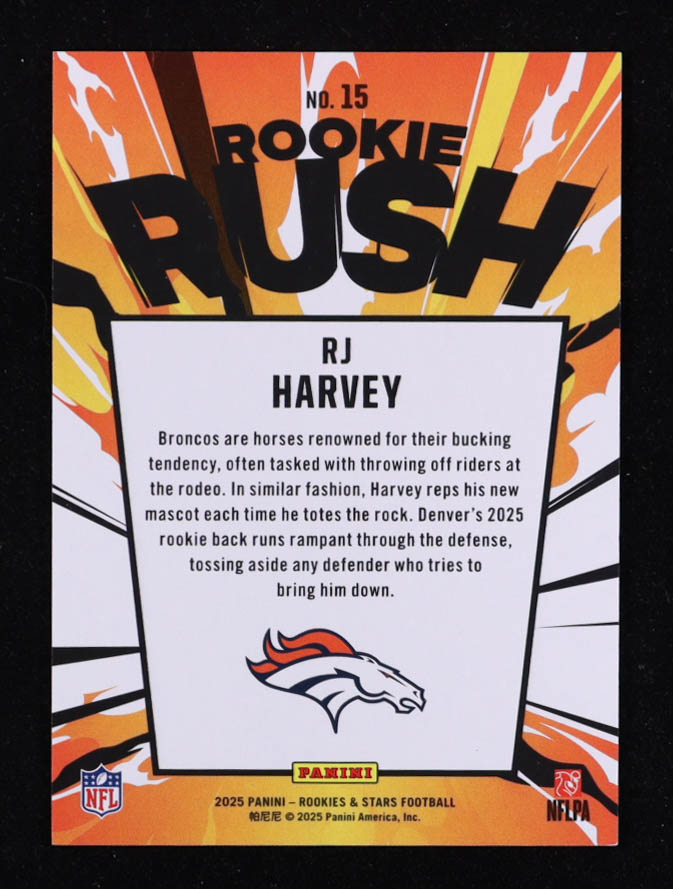 RJ Harvey 2025 Rookies & Stars Rookie Rush #15 #004/125 RC at PristineAuction.com RJ Harvey 2025 Rookies & Stars Rookie Rush #15 #004/125 RC at PristineAuction.com