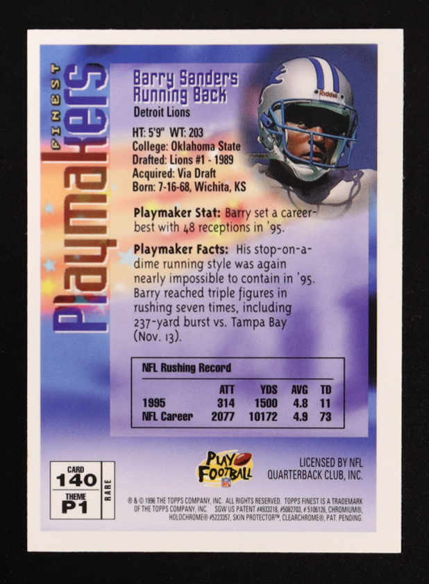 Barry Sanders 1996 Finest #140 with Coating at PristineAuction.com Barry Sanders 1996 Finest #140 with Coating at PristineAuction.com