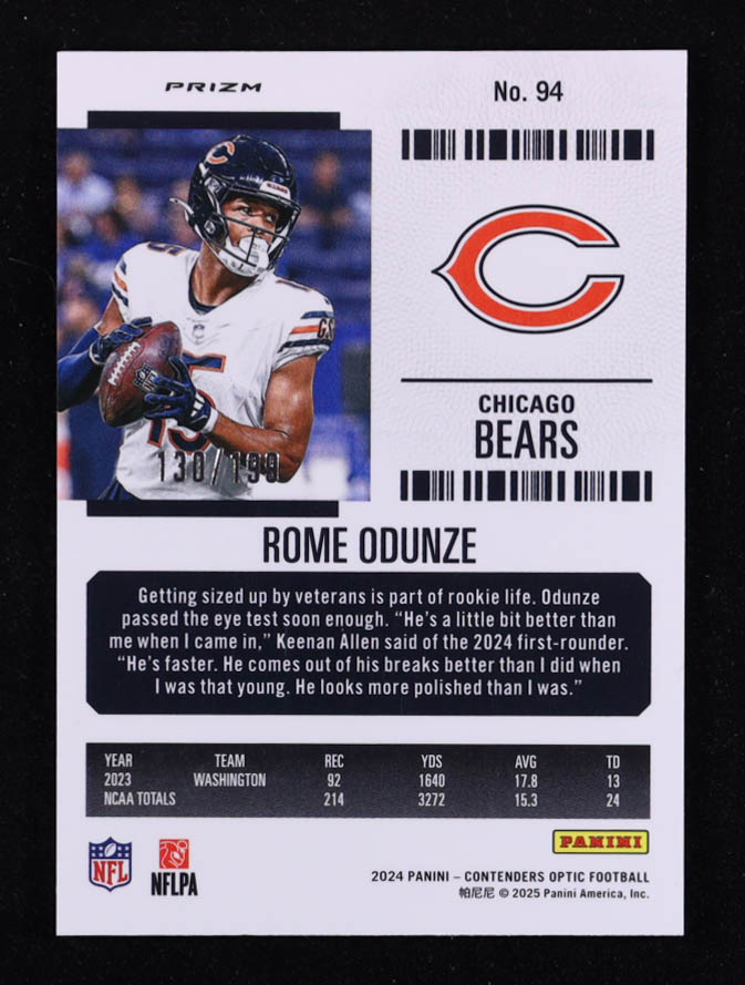 Rome Odunze 2024 Panini Contenders Optic Red #94 #130/199 RC at PristineAuction.com Rome Odunze 2024 Panini Contenders Optic Red #94 #130/199 RC at PristineAuction.com