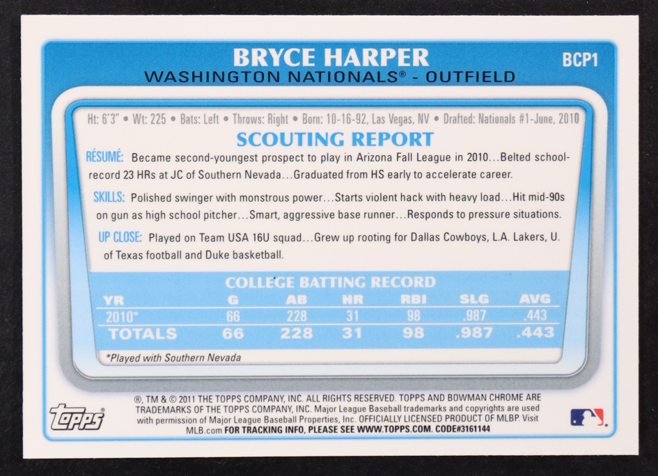 Bryce Harper 2011 Bowman Chrome Prospects #BCP1 RC at PristineAuction.com Bryce Harper 2011 Bowman Chrome Prospects #BCP1 RC at PristineAuction.com