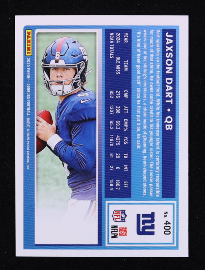 Jaxson Dart 2025 Donruss Press Proof Green #400 RC at PristineAuction.com Jaxson Dart 2025 Donruss Press Proof Green #400 RC at PristineAuction.com