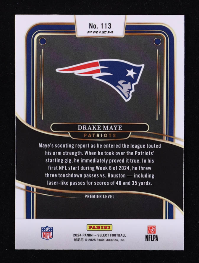 Drake Maye 2024 Select Prizm Black and Red Shock #113 RC at PristineAuction.com Drake Maye 2024 Select Prizm Black and Red Shock #113 RC at PristineAuction.com