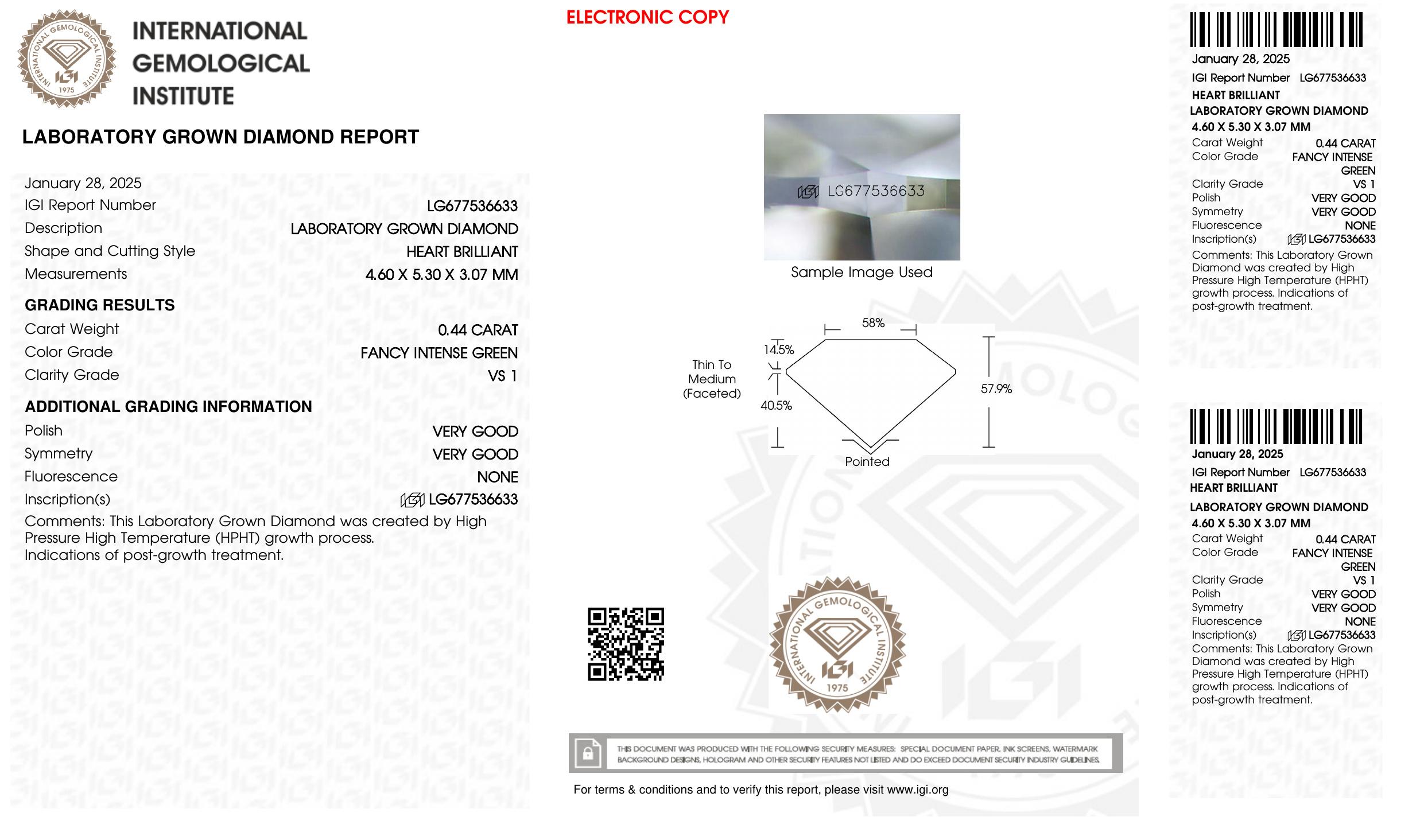 .44 Carats Lab Grown Green Diamond Loose VS1 | (IGI Cert) at PristineAuction.com .44 Carats Lab Grown Green Diamond Loose VS1 | (IGI Cert) at PristineAuction.com