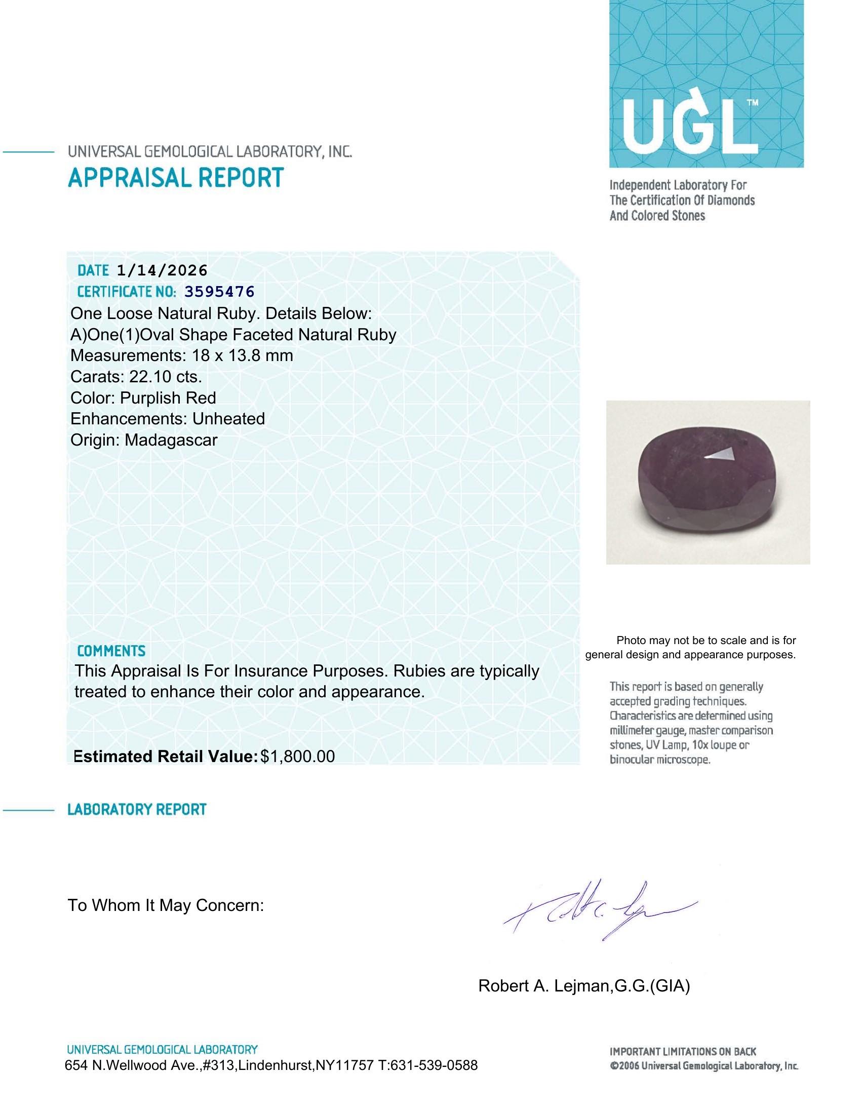 22.10 Carats Natural Ruby Loose| $1,800 Estimated Retail Value (UGL Cert) at PristineAuction.com 22.10 Carats Natural Ruby Loose| $1,800 Estimated Retail Value (UGL Cert) at PristineAuction.com