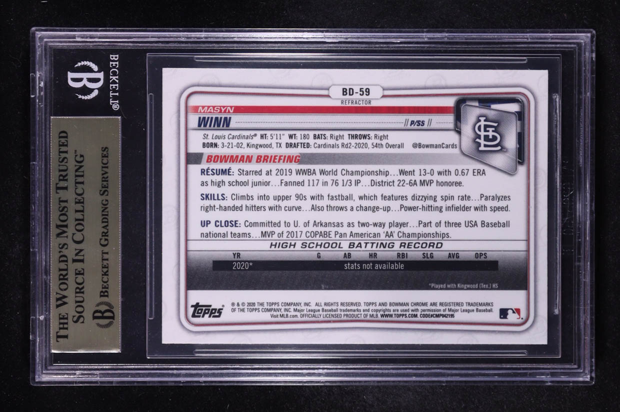 Masyn Winn 2020 Bowman Chrome Draft Refractors #BD59 (BGS 9.5) at PristineAuction.com Masyn Winn 2020 Bowman Chrome Draft Refractors #BD59 (BGS 9.5) at PristineAuction.com